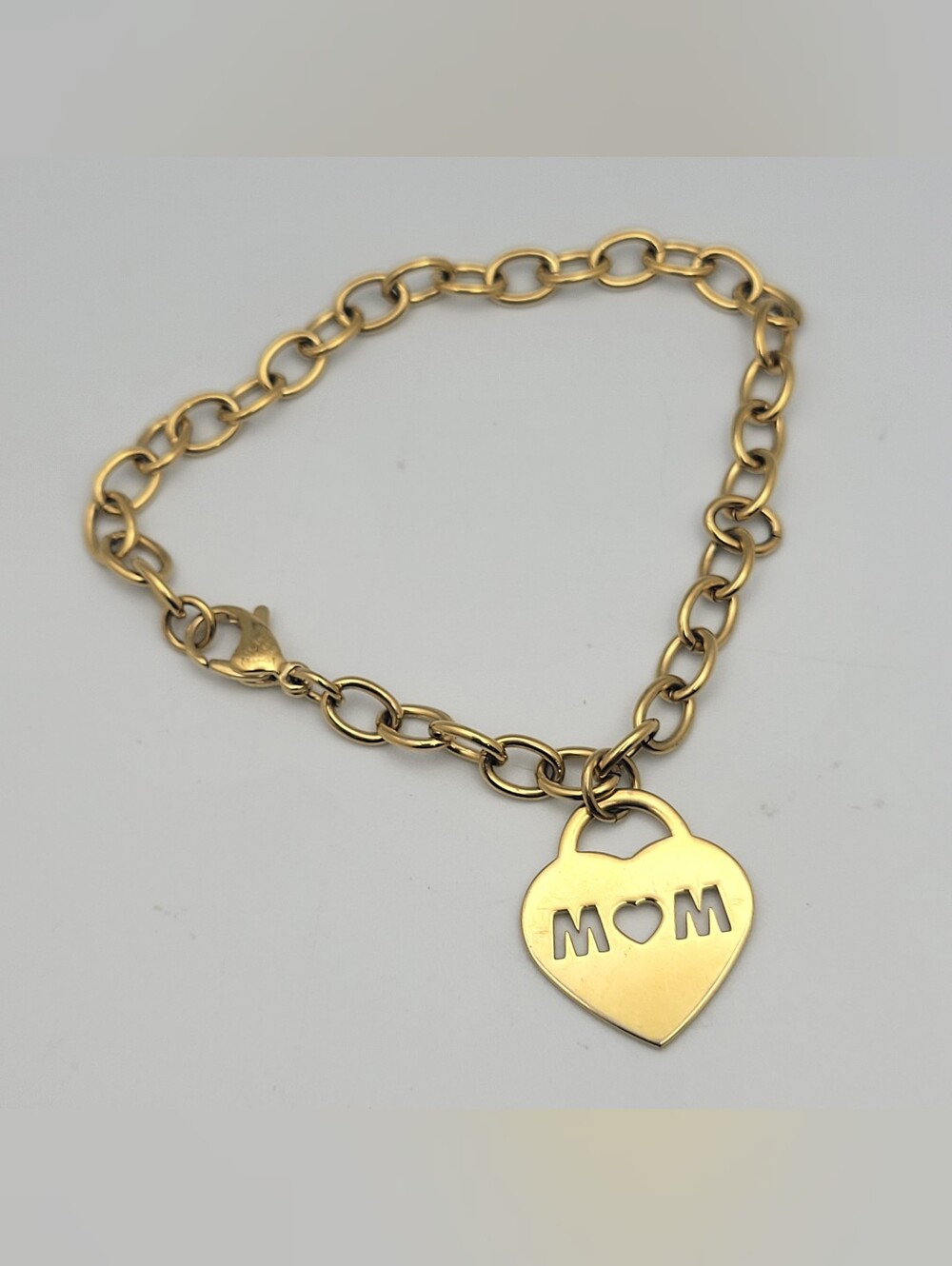 Gold-Tone 'MOM' Heart Charm Chain Bracelet